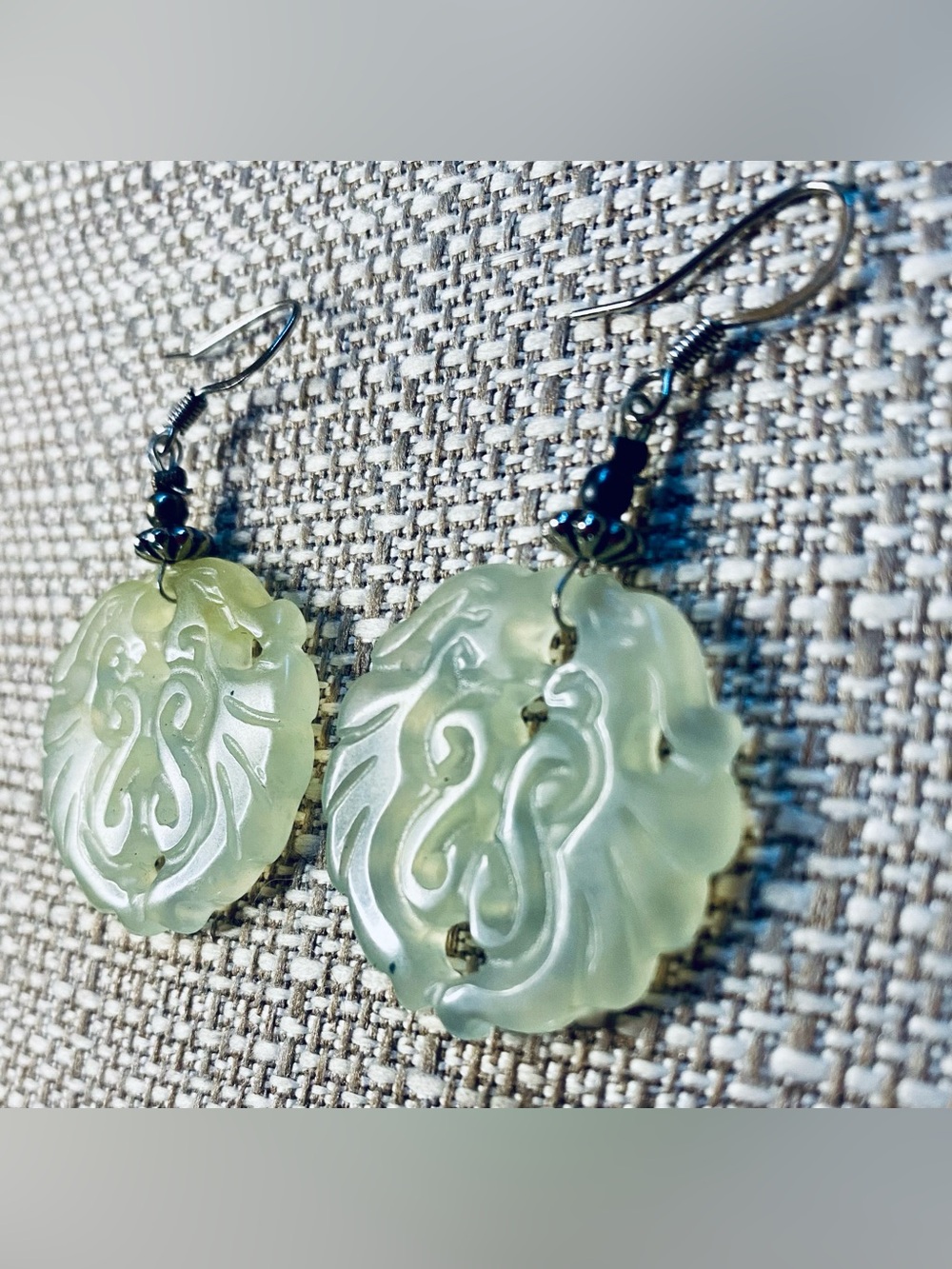 Hand-Carved Pale Green Jade Drop Earrings